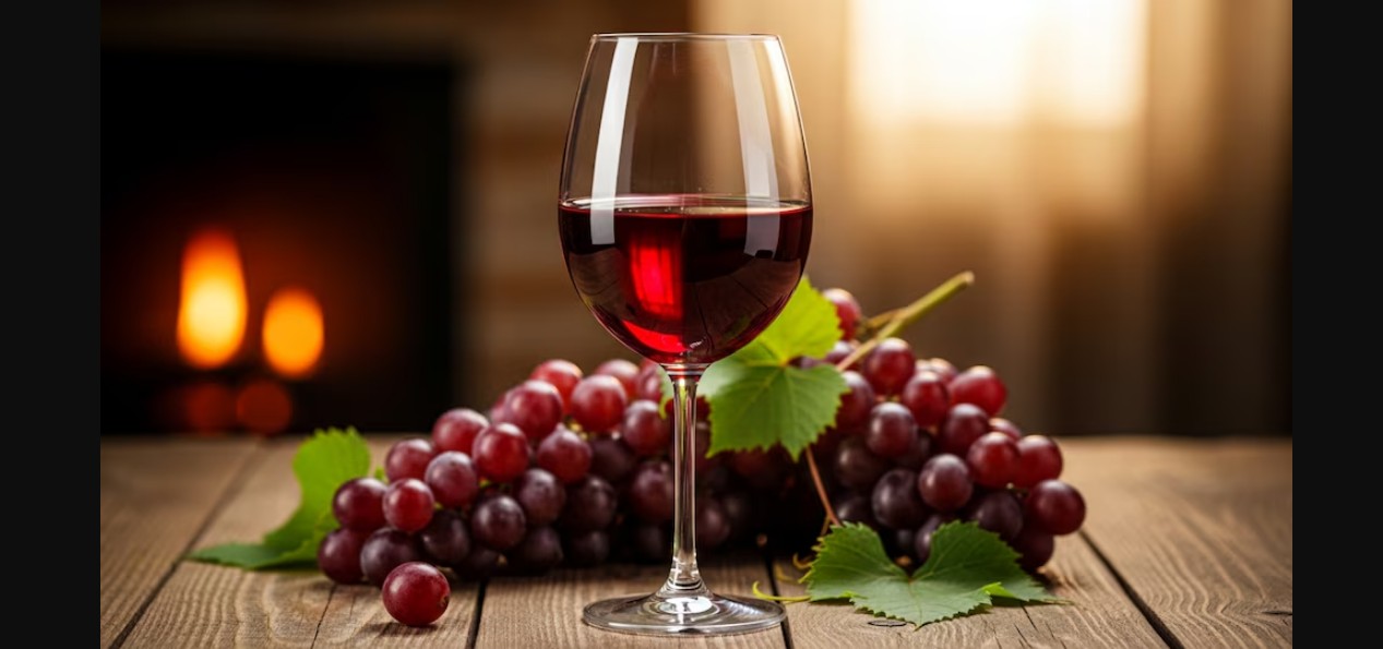 Copa de vino tinto junto a un racimo de uvas.