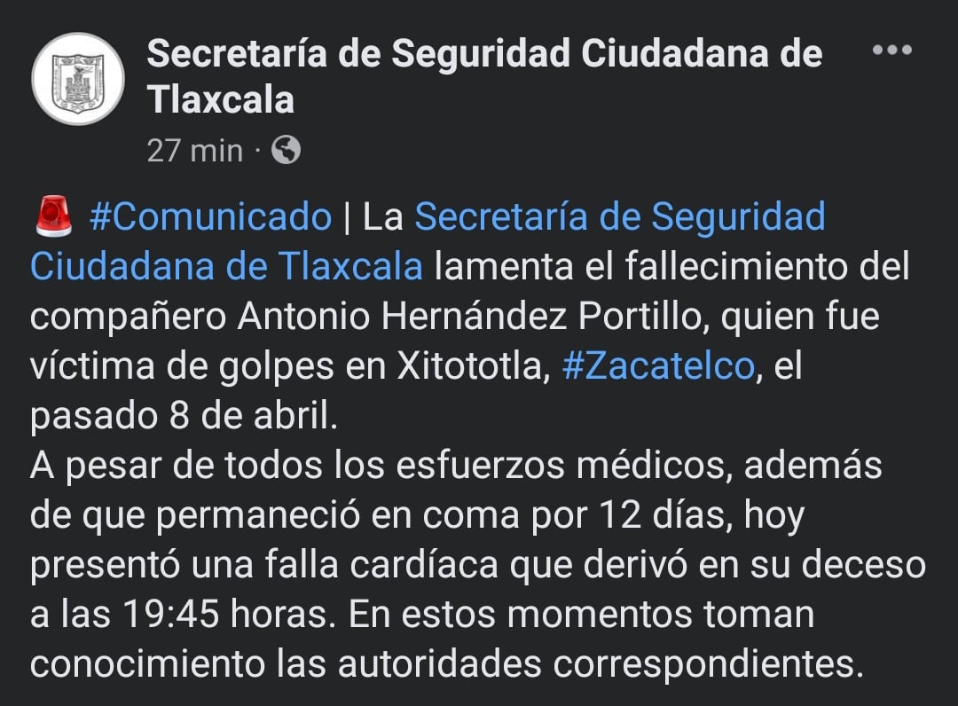 Fallece segundo policía linchado por pobladores en Zacatelco