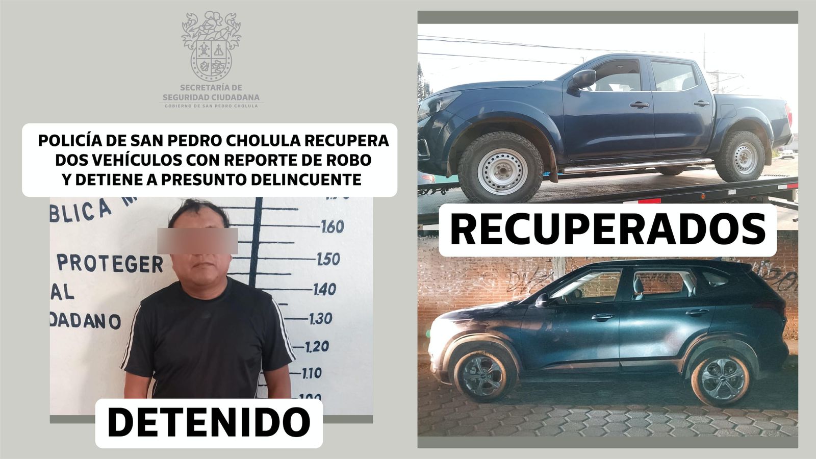 Policía de San Pedro Cholula recupera dos vehículos con reporte de robo y detiene a presunto delincuente 