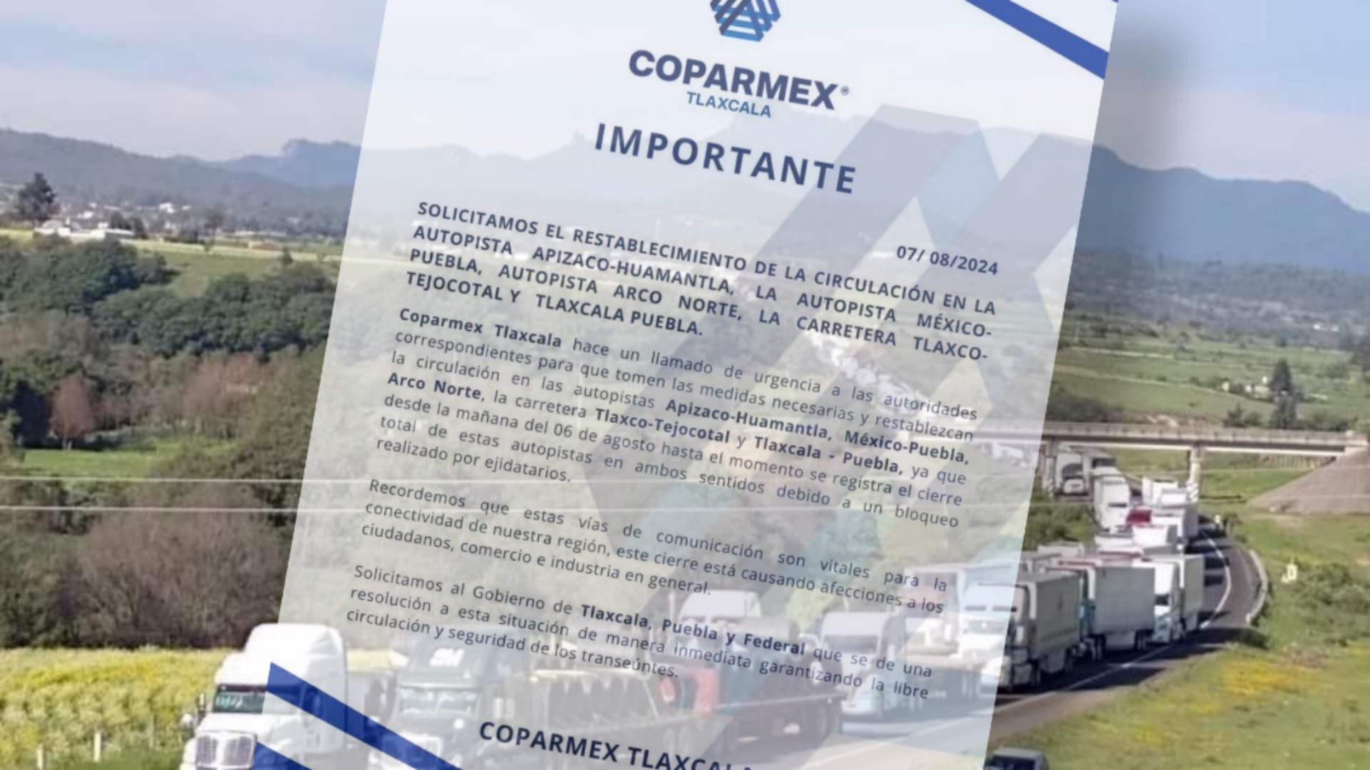 Pide Coparmex Tlaxcala pronta solución a ejidatarios y reapertura de carreteras