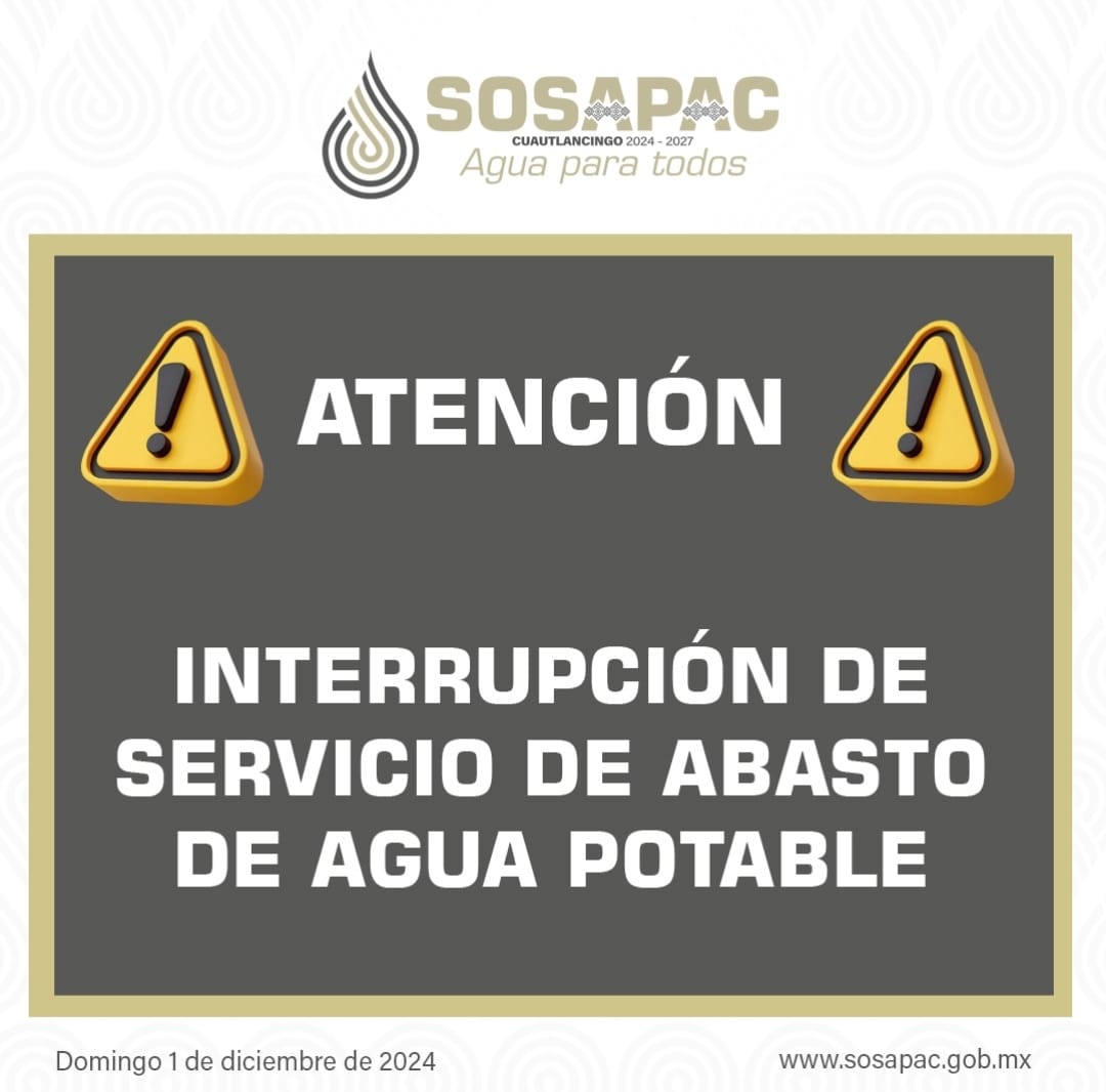 Sosapac informa desabasto de agua potable en zonas de Cuautlancingo