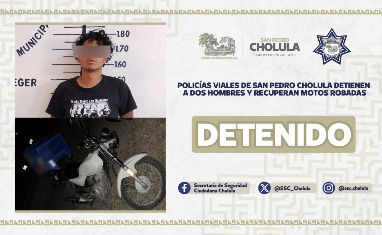 Policías viales de San Pedro Cholula detienen a dos hombres y recuperan motos robadas