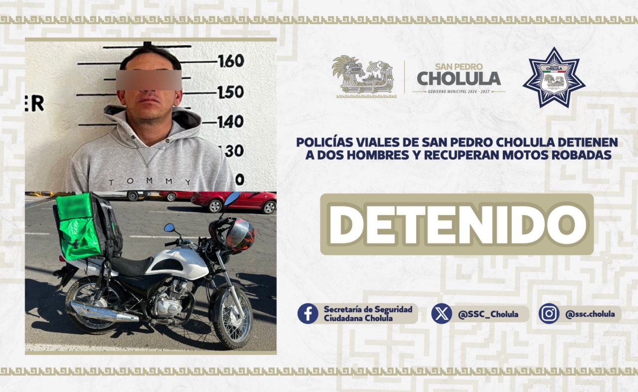 Policías viales de San Pedro Cholula detienen a dos hombres y recuperan motos robadas