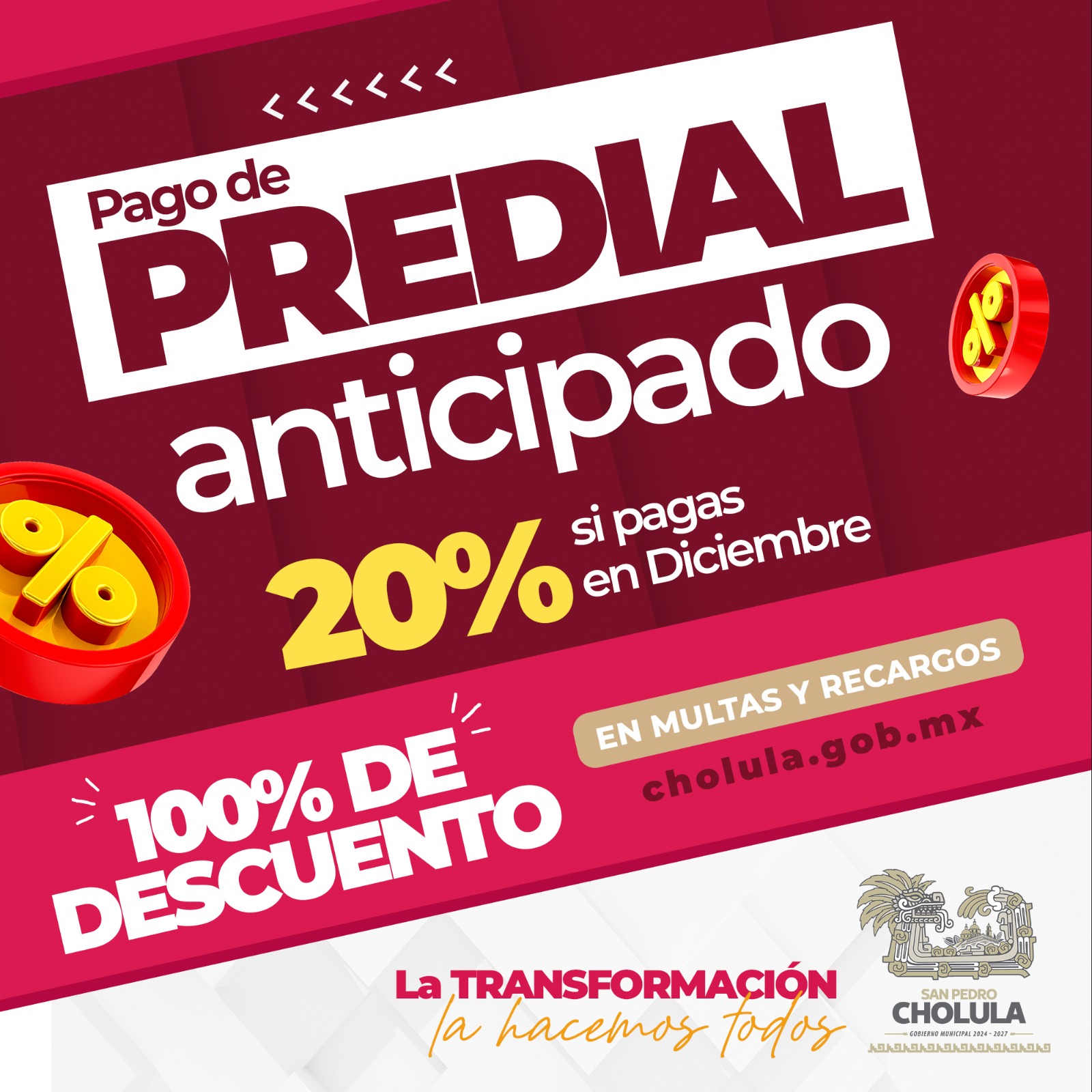 Informa Gobierno de Cholula nuevos descuentos para el pago del Predial 