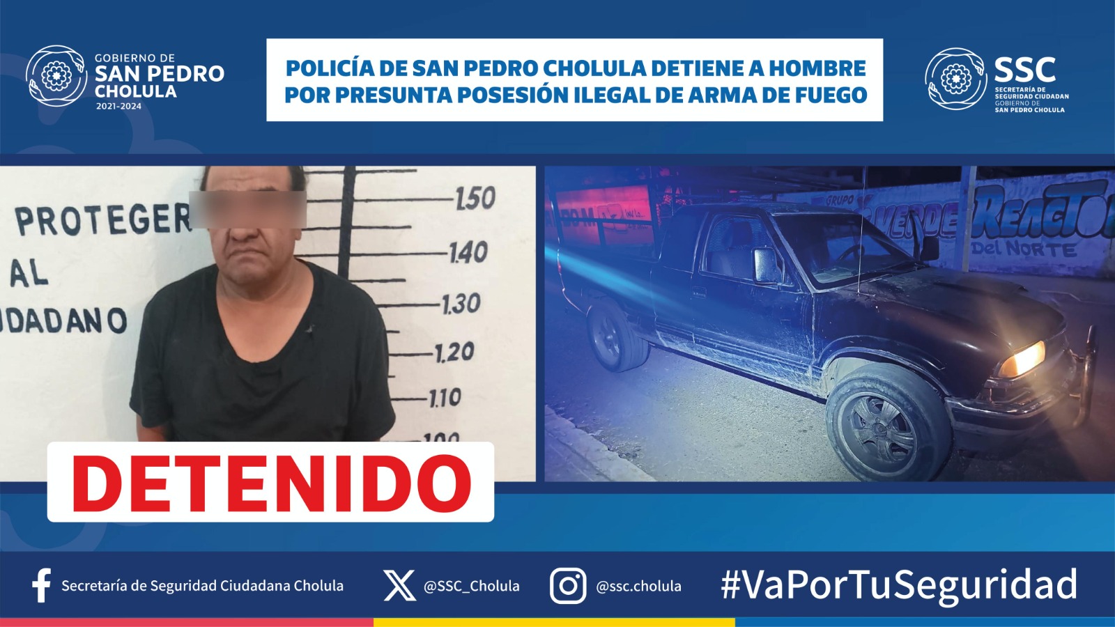 Policía de San Pedro Cholula detiene a hombre por presunta posesión ilegal de arma de fuego 