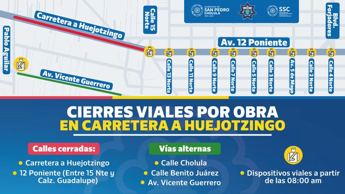 Anuncian cierre temporal en la 12 poniente de San Pedro Cholula por obras de carretera a Huejotzingo