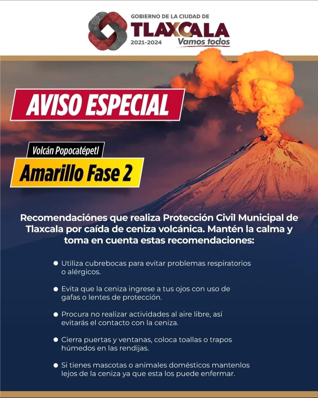 Emite Tlaxcala capital recomendaciones por actividad del Popocatépetl