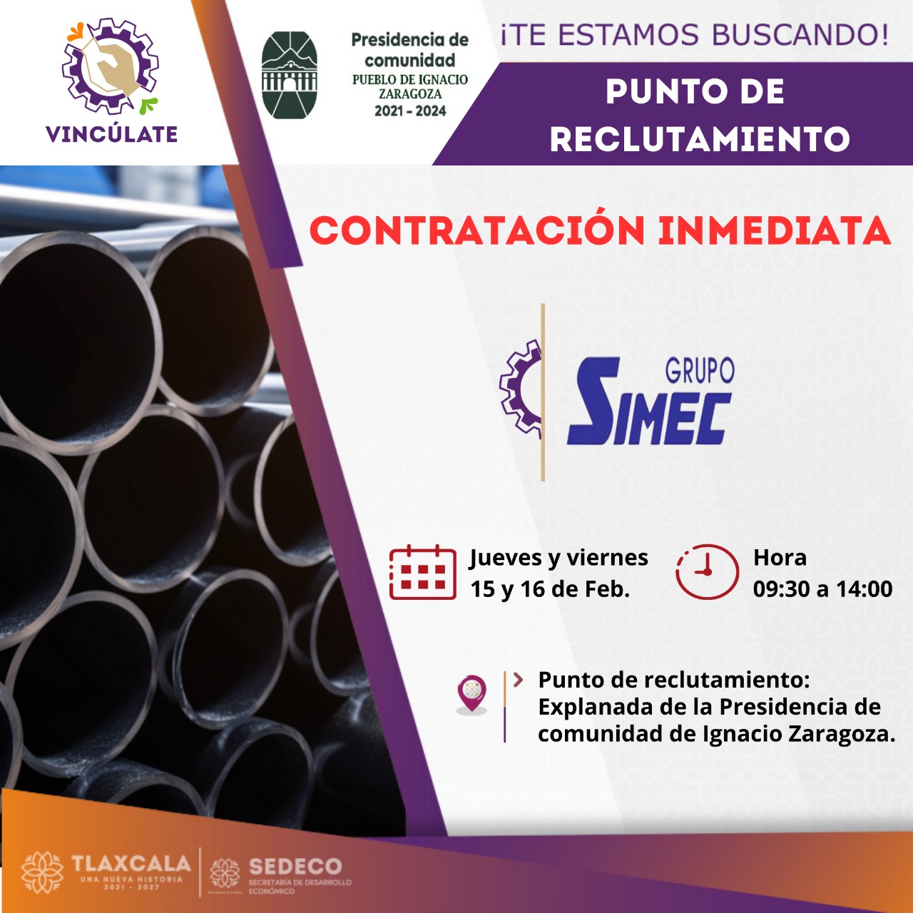 Anuncia grupo SIMEC oportunidad de empleo en Huamantla
