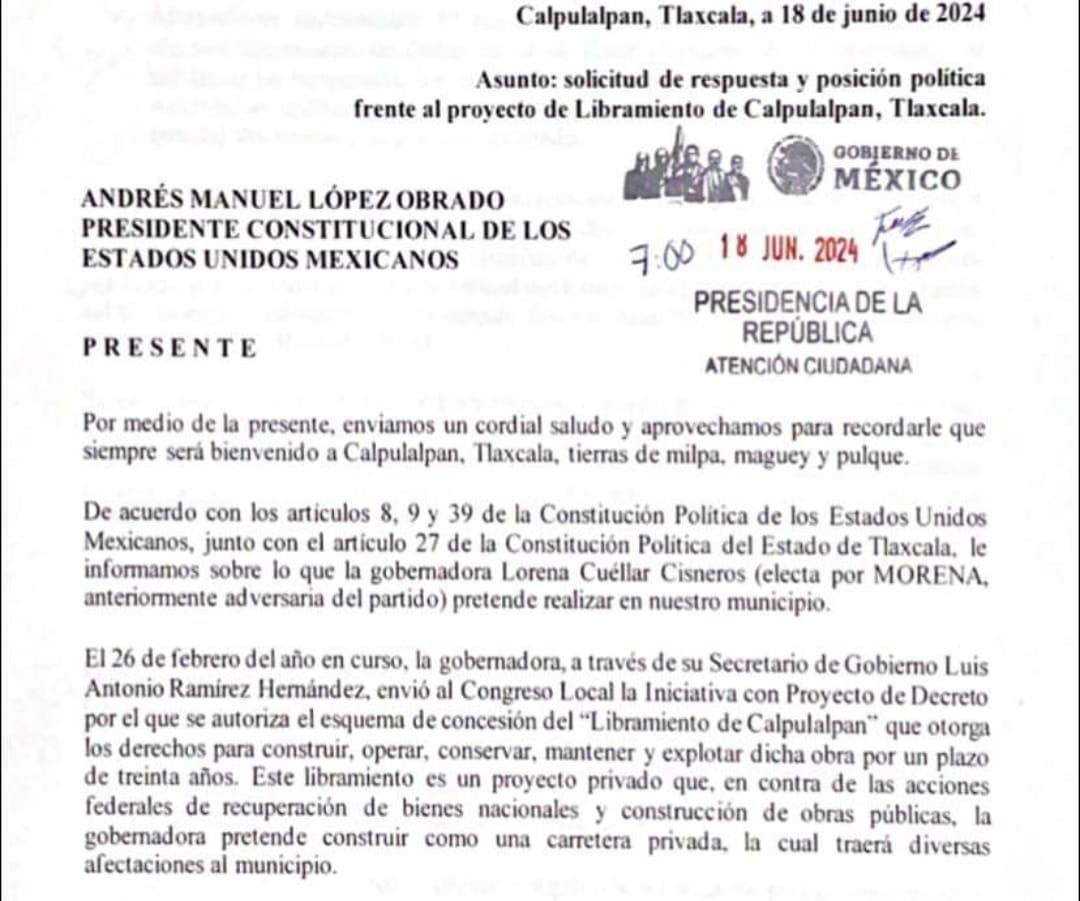 A Palacio Nacional, llega petición para exigir alto a proyecto de libramiento de Calpulalpan