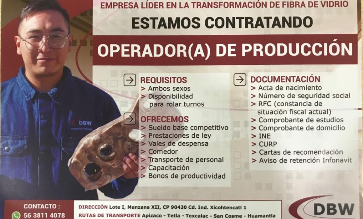 El Gobierno de Huamantla invita a participar en vacantes de empresa DBW