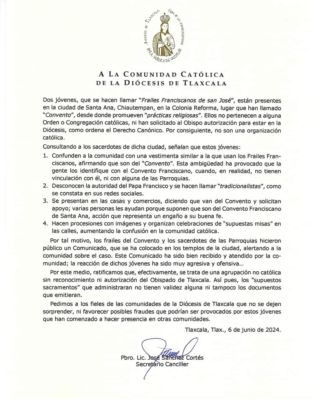 Alerta Diócesis de Tlaxcala por Franciscanos apócrifos en Chiautempan
