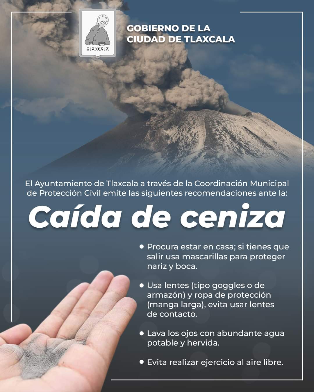 Emite Tlaxcala capital recomendaciones ante la caída de ceniza volcánica