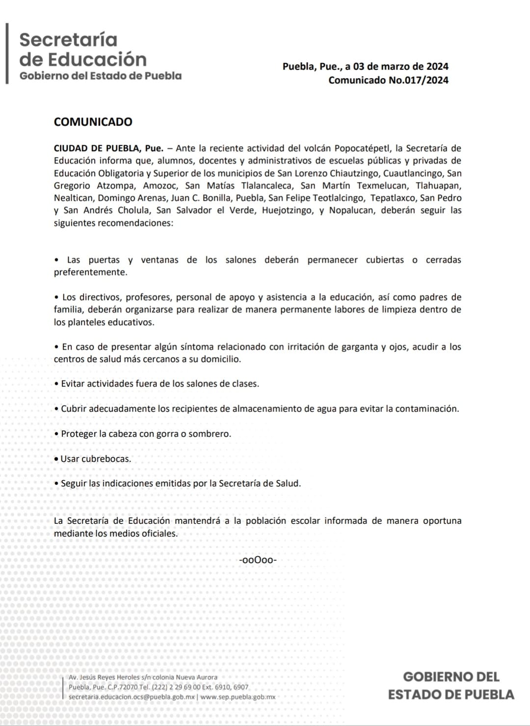 Municipios aledaños al Popocatépetl reciben instrucciones de la SEP ante contingencia volcánica 