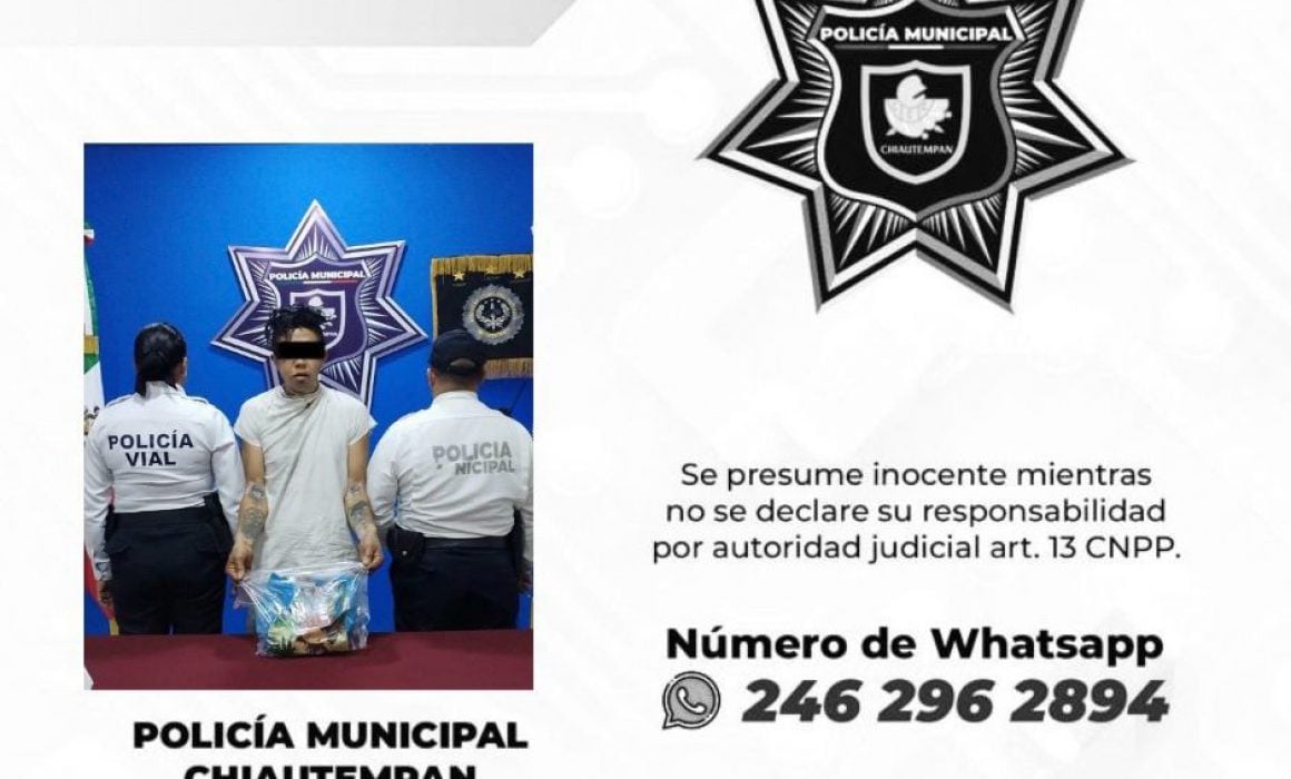 Detienen en Chiautempan a masculino por presunto asalto a transeúnte