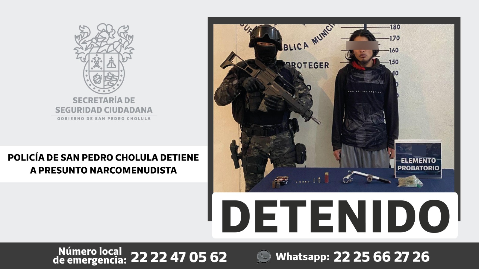 Policía de San Pedro Cholula detiene a presunto narcomenudista 