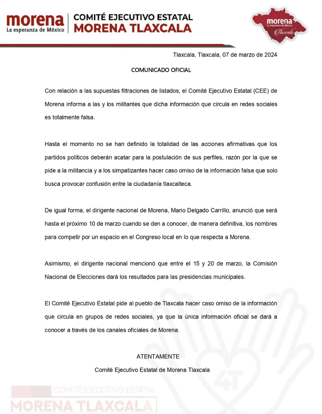Desmiente Morena Tlaxcala listas de candidatos a alcaldes y diputados