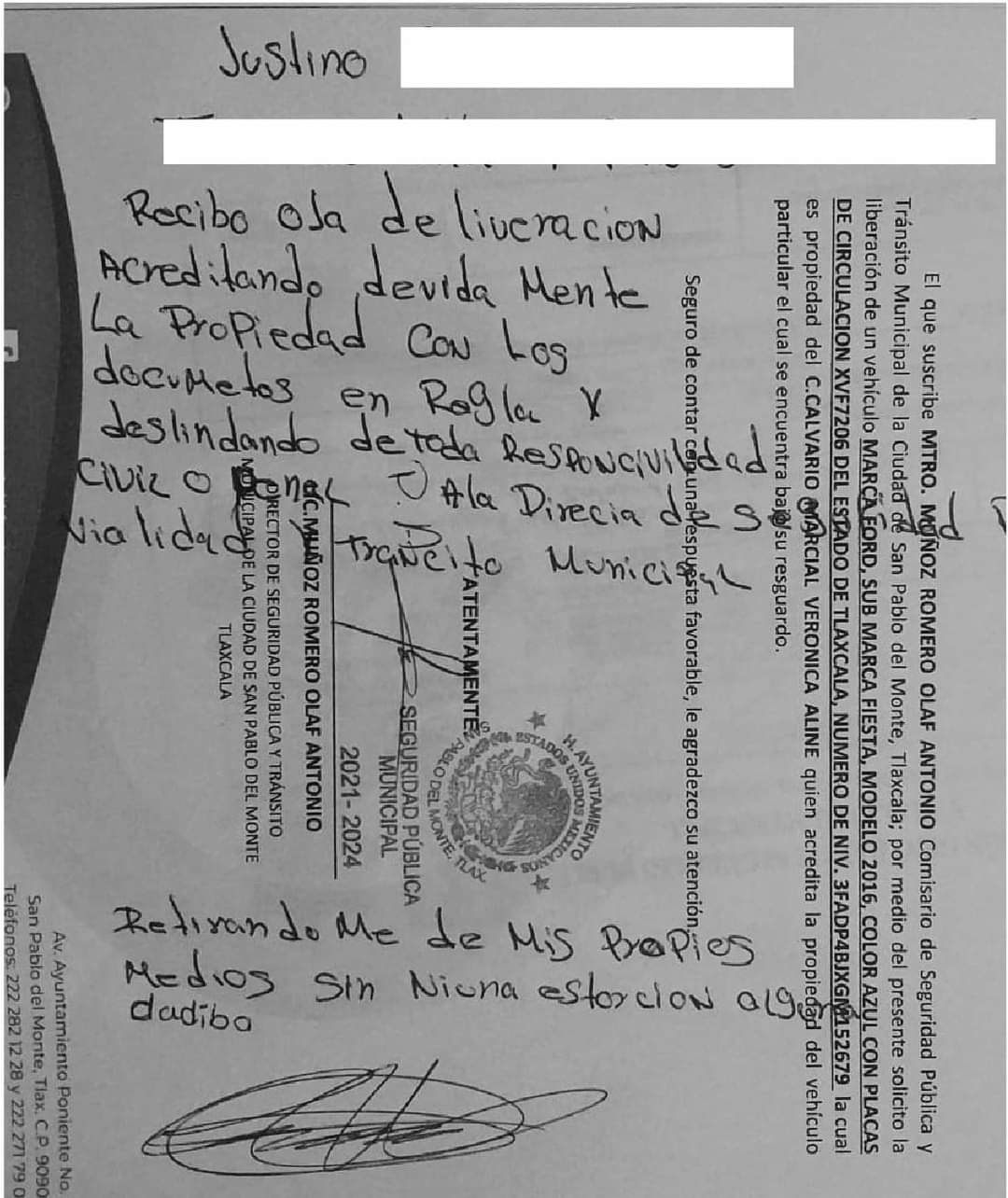 Niega Dirección de Seguridad de San Pablo del Monte extorsión contra conductor