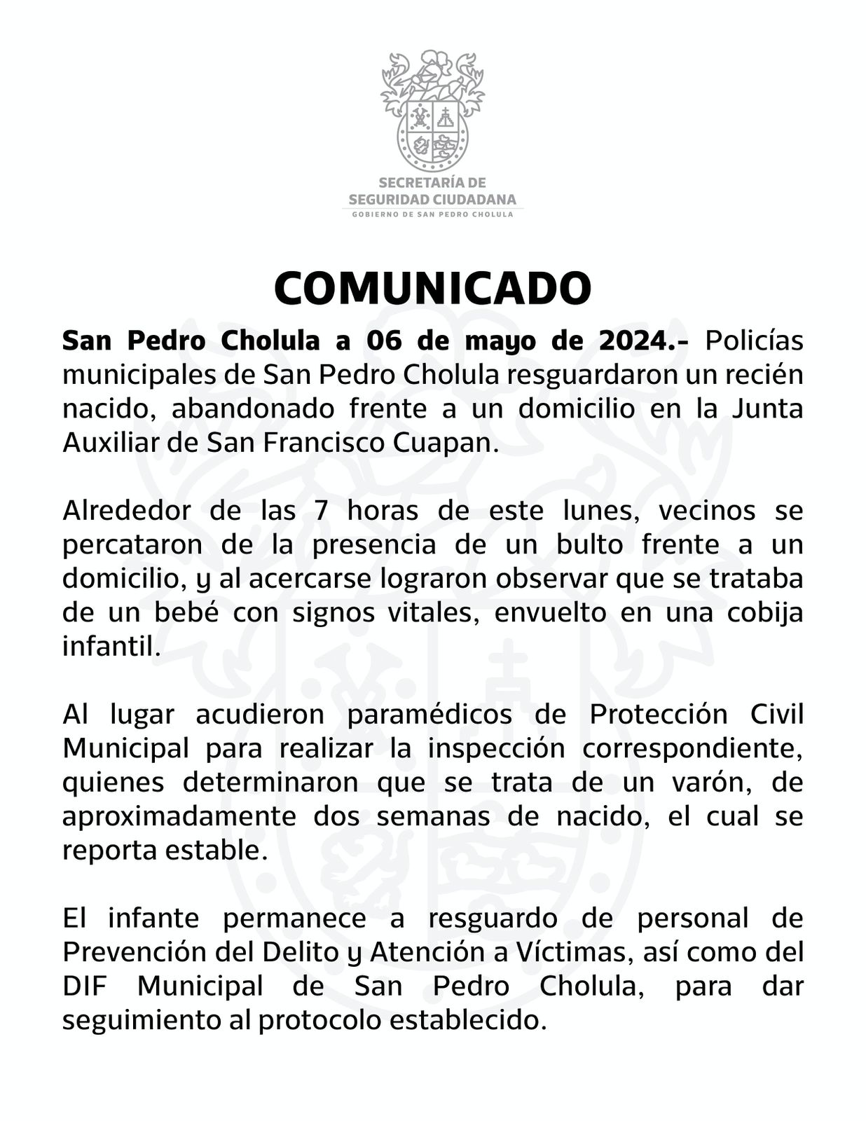 Policías municipales resguardan a recién nacido abandonado en San Francisco Cuapan