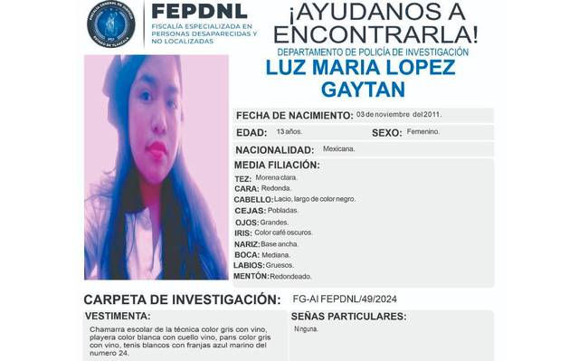 Ayuda a encontrar a Luz María, joven desaparecida en Zimatepec.