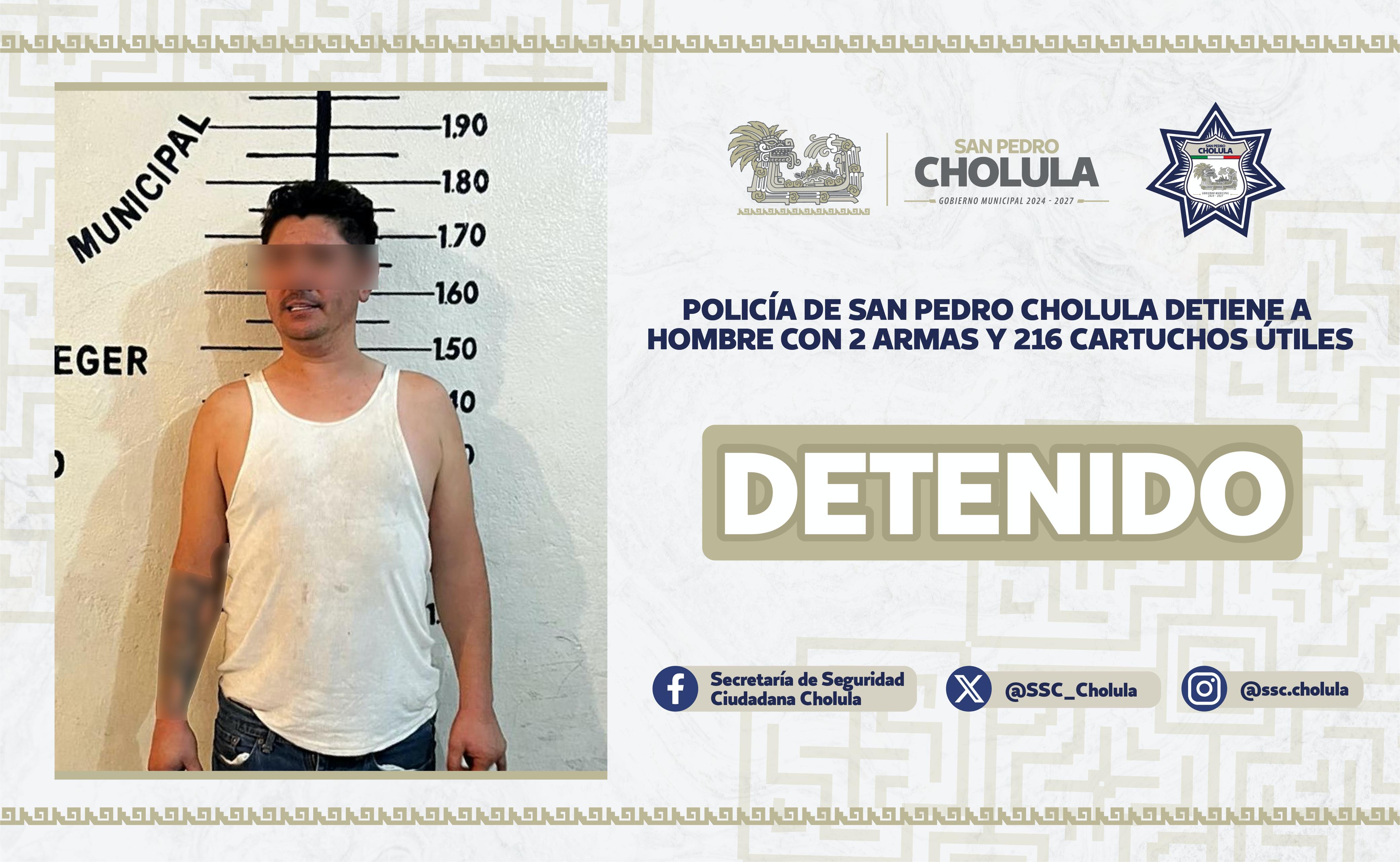 Policía de San Pedro Cholula detiene a hombre con 2 armas y 216 cartuchos útiles