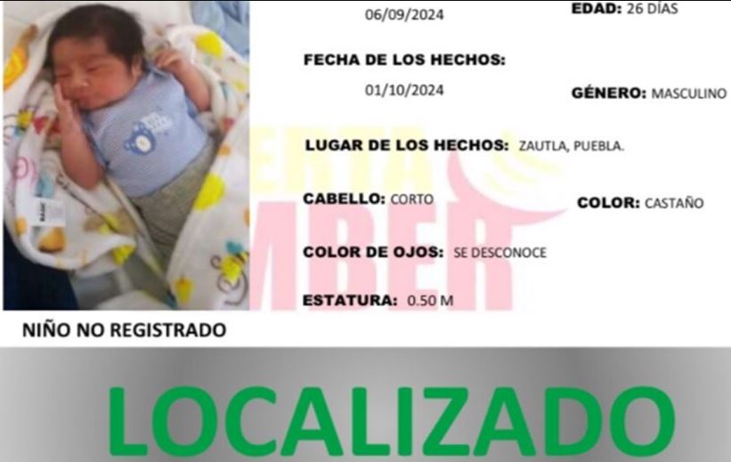 Localizan al bebé robado en Zautla, Puebla: Fiscalía desactiva Alerta Amber