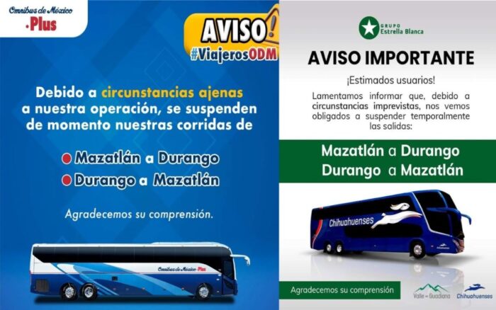 Suspenden rutas de transporte Durango-Mazatlán por enfrentamientos violentos