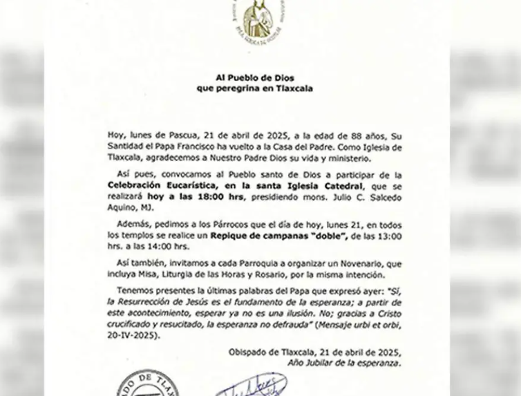 Tlaxcala rinde homenaje al Papa Francisco con misa y oración
