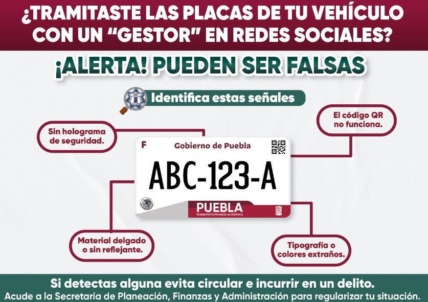 SSP Puebla alerta sobre fraudes en trámites de placas