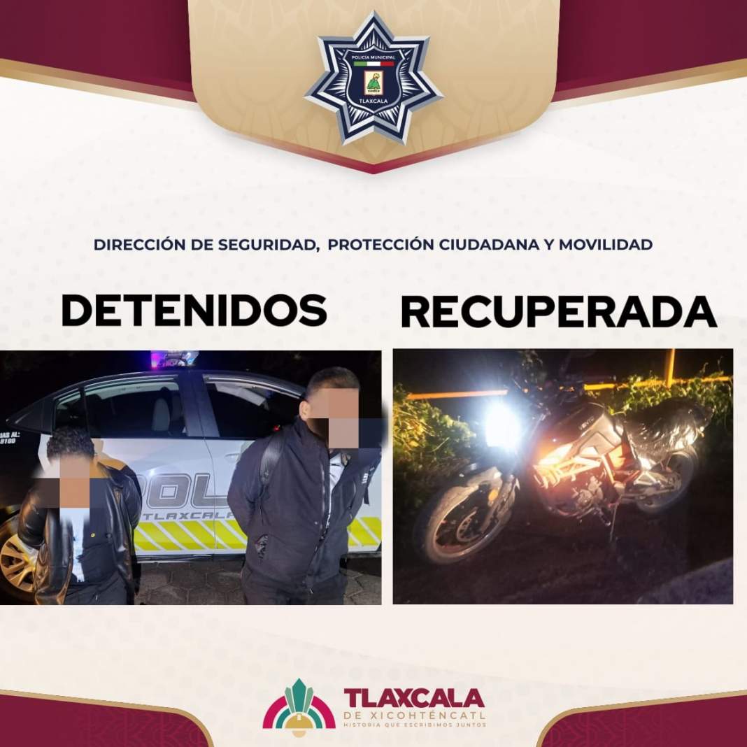 Policía de Tlaxcala recupera motocicleta robada y detiene a dos presuntos responsables