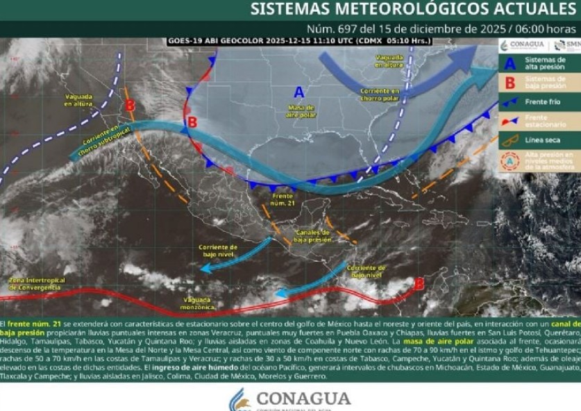 Panorama general del clima en México hoy 15 de diciembre