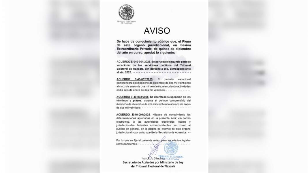 TET Tlaxcala suspende plazos electorales hasta enero de 2026
