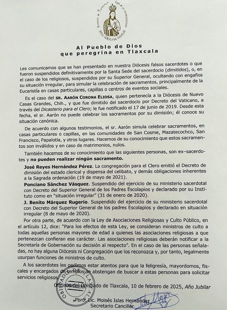 Diócesis de Tlaxcala alerta sobre falsos sacerdotes y pide denunciarlos