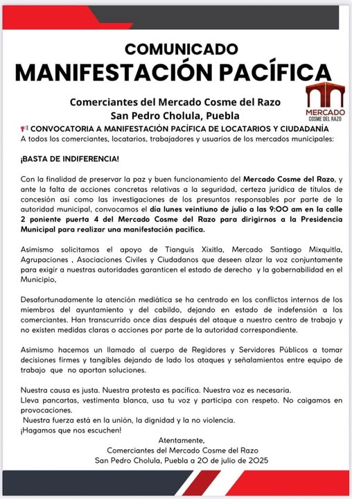 Gobierno de San Pedro Cholula convoca a locatarios del mercado Cosme del Razo a reunión informativa