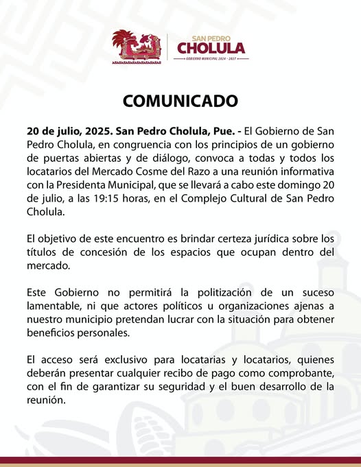 Gobierno de San Pedro Cholula convoca a locatarios del mercado Cosme del Razo a reunión informativa