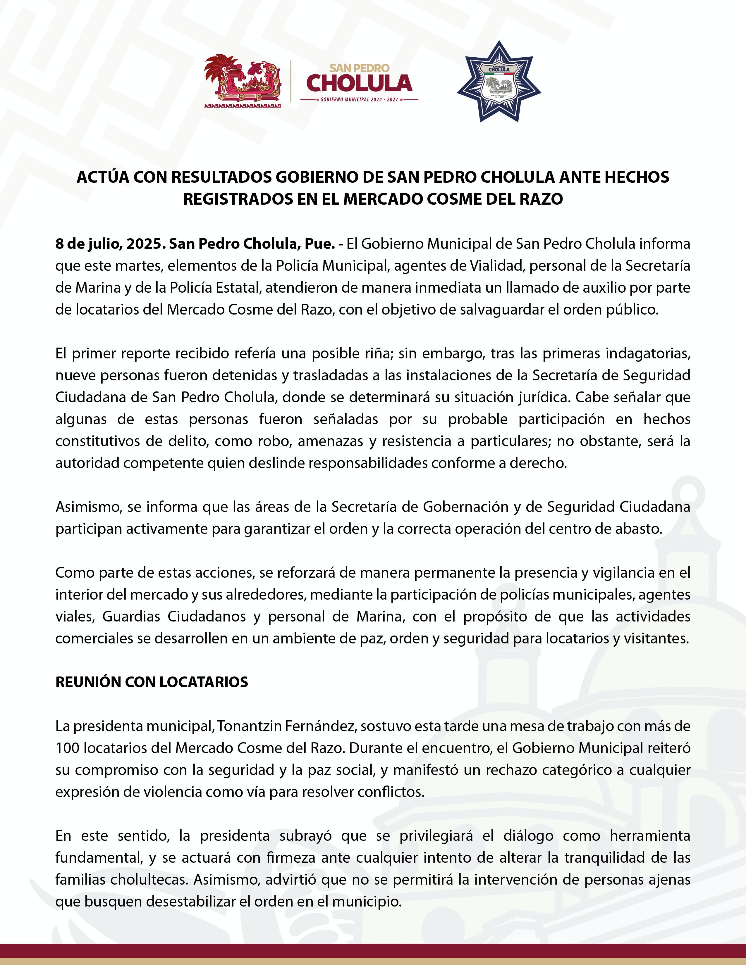 Actúa con resultados Gobierno de San Pedro Cholula ante hechos registrados en el mercado Cosme del Razo