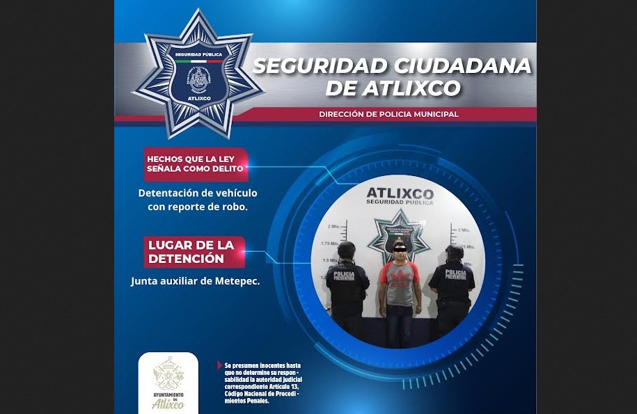 Recuperan auto robado en Atlixco gracias a videovigilancia y denuncia ciudadana