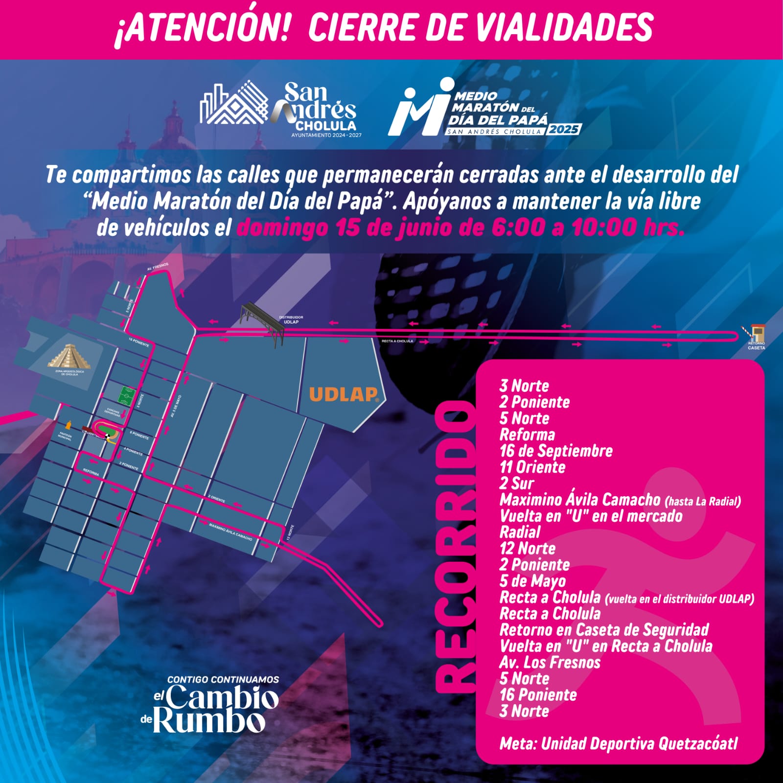 Activa Vialidad de San Andrés Cholula operativo de movilidad segura ante Medio Maratón del Día del Padre