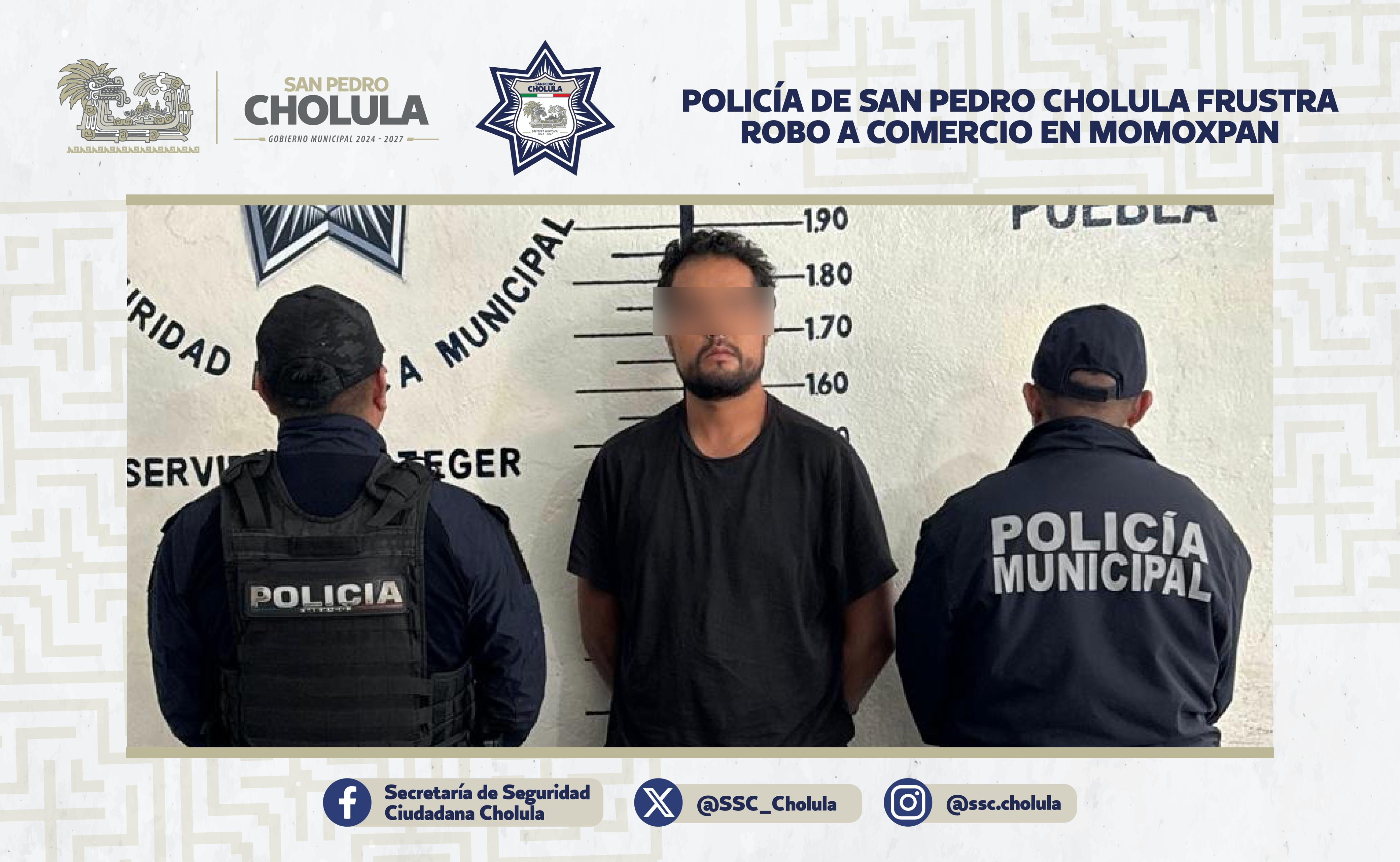 Policía de San Pedro Cholula frustra robo a comercio en Momoxpan