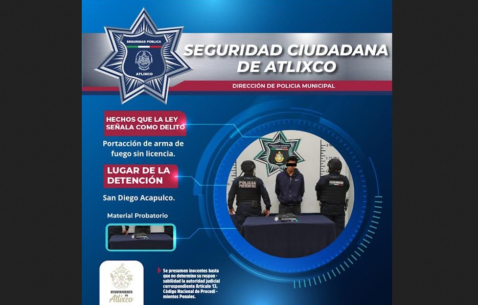 Detienen a hombre armado con posible cristal en San Diego Acapulco, Atlixco