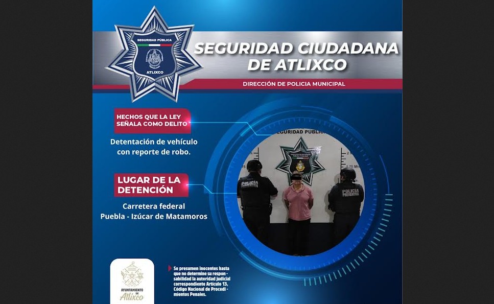 Tecnología de videovigilancia logra recuperación de vehículo robado en Atlixco