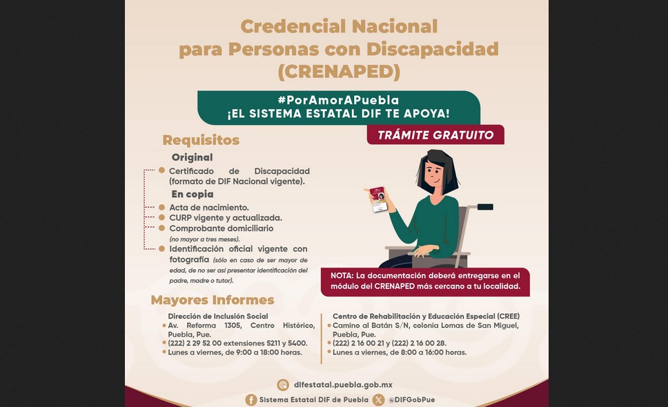 Credencial CRENAPED: gratuita, oficial y con beneficios en Puebla