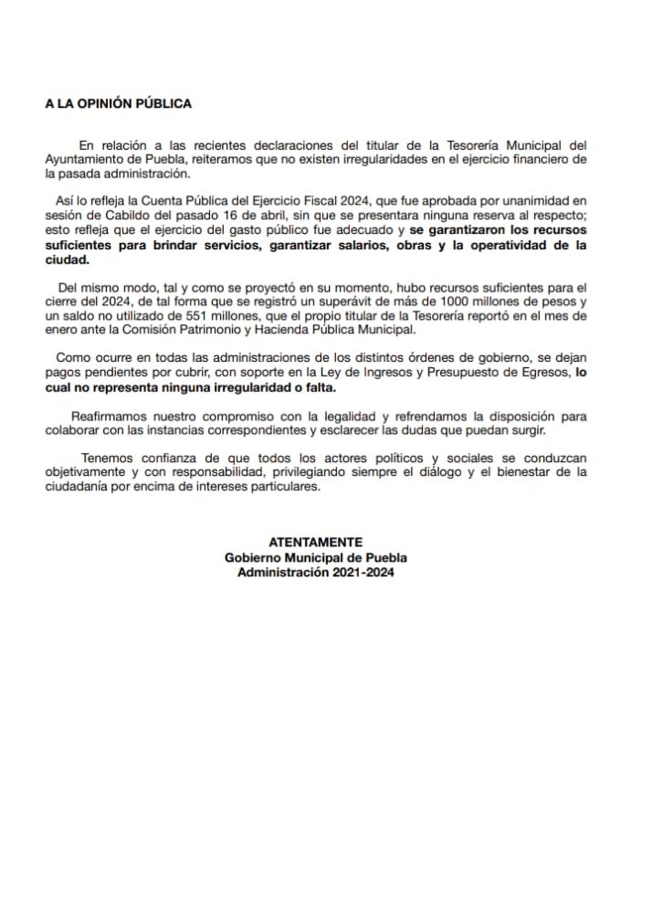 Niega exadministración de Eduardo Rivera irregularidades en el manejo de recursos