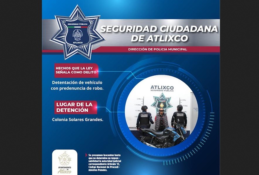 Respuesta inmediata permite recuperar motocicleta robada en Atlixco