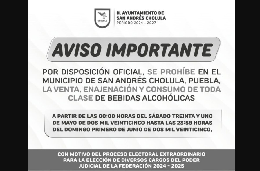 Aplican ley seca en Puebla por elecciones del Poder Judicial