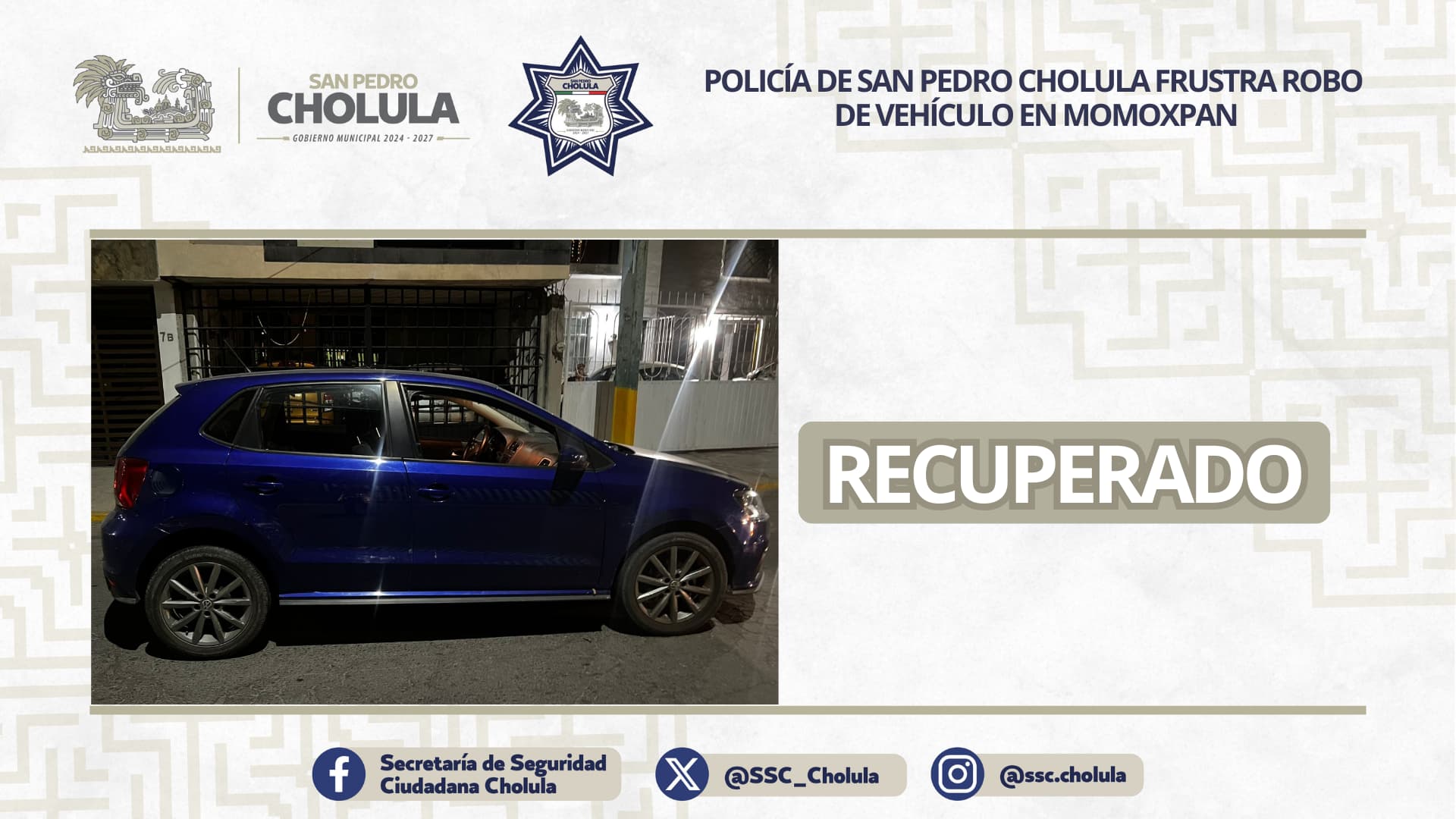 Policía de San Pedro Cholula frustra robo de vehículo en Momoxpan