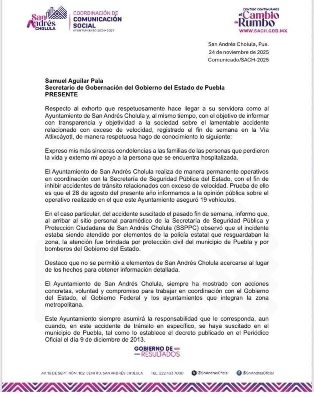 Comunicado-Tras arrancones en Vía Atlixcáyotl