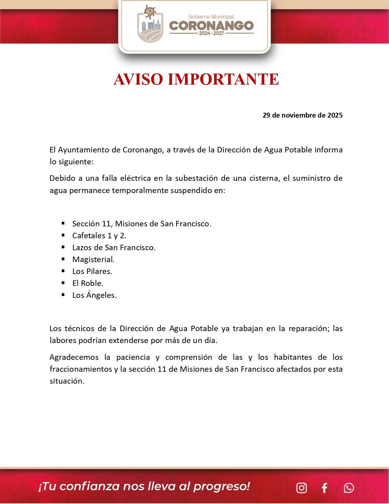 aviso importante coronango 