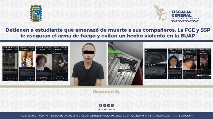 FGE vincula a proceso a estudiante por planear ataque en la BUAP; permanecerá en prisión preventiva