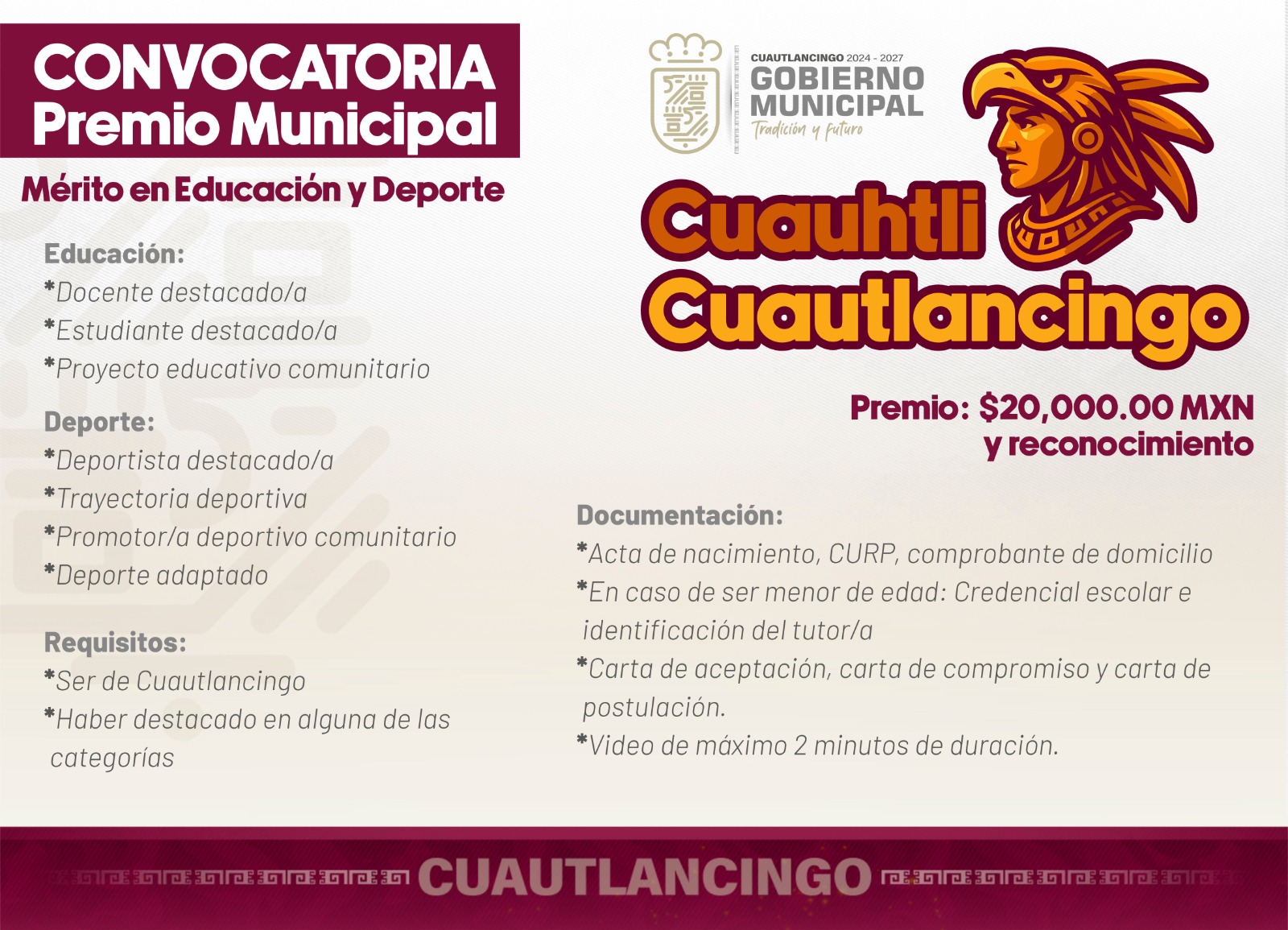 Gobierno municipal lanza convocatoria para obtener el “Premio Cuauhtli Cuautlancingo”