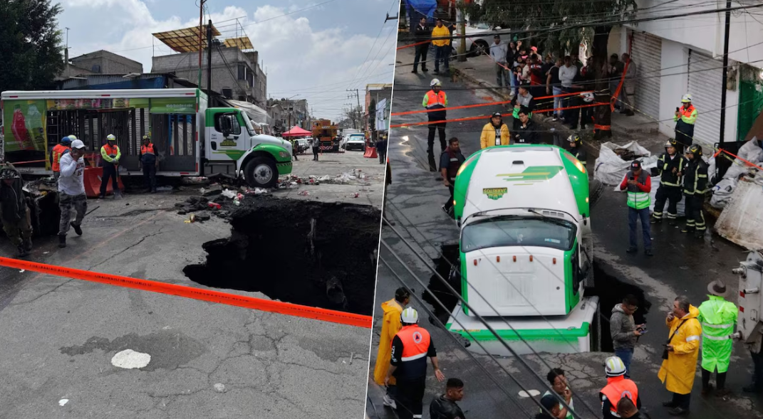 Socavón en Iztapalapa atrapa camión de Jarritos y cierra avenida 5